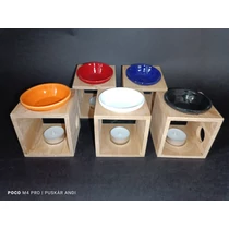  Modern, színes mázas kerámiatálkás illóolaj párologtató, fakeretben