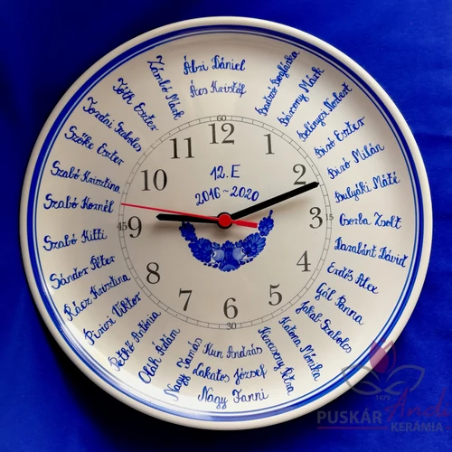 Fali tányér óra /Ø31 cm/  iskolai ballagásra, osztálynévsorral /30 névtől/  