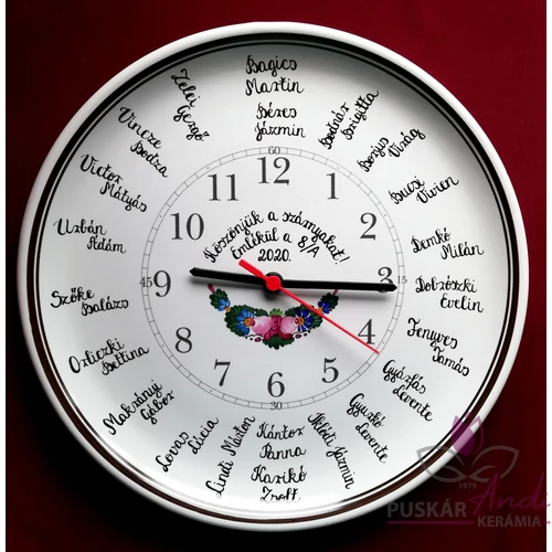 Fali tányér óra /Ø31 cm/  iskolai ballagásra, osztálynévsorral /20-24 név/  