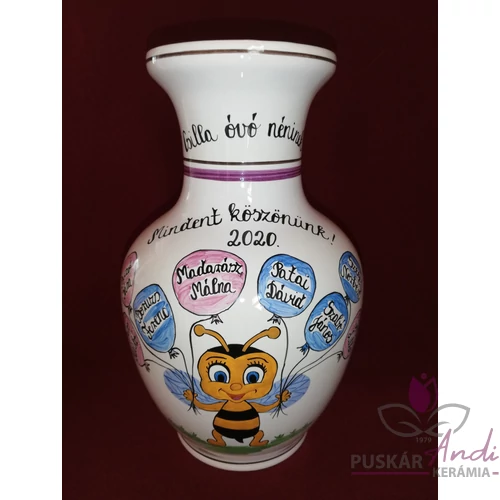 Méhecskés váza óvodai ballagásra, csoportnévsorral a lufikban /11 névig/  /24 cm/
