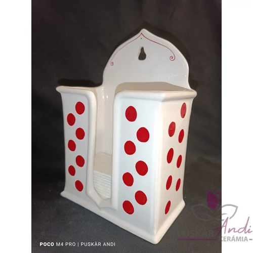 Kerámia papírzsebkendő tartó piros pöttyös díszítéssel