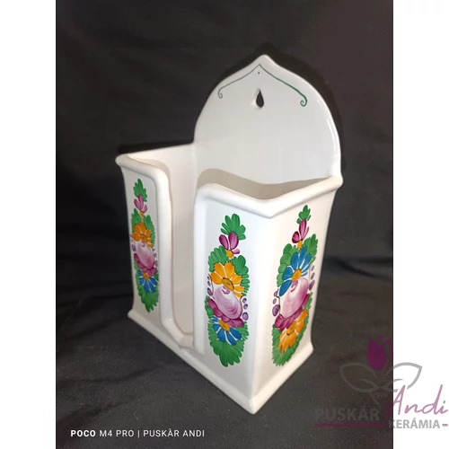 Kerámia papírzsebkendő tartó narancssárgás-zöldes virággal