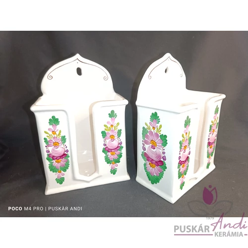 Kerámia papírzsebkendő tartó rózsaszínes-zöldes virággal