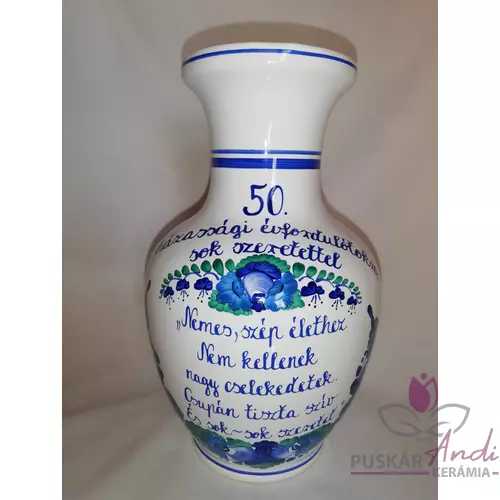 50. házassági évforduló alkalmából festett, idézetes nagy váza, egyedi feliratozással