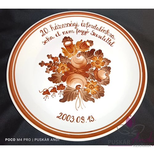 20. házassági évfordulóra készített kerámia fali dísztányér