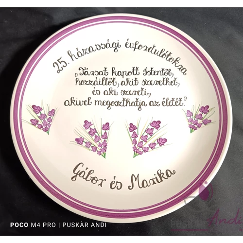 25. házassági évfordulóra készített kerámia fali dísztányér