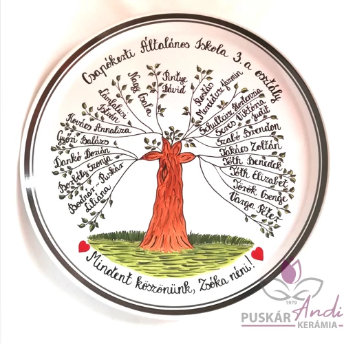 Életfás fali tányér tanárnéninek, nyugdíjba vonulás alkalmából /1-19 név/ /Ø31 cm/