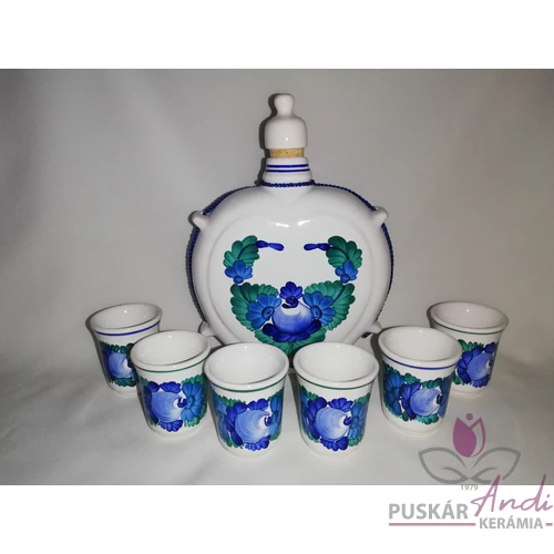 5 dl-es pálinkás kulacs szett virágmotívummal, 6 db pohárral 